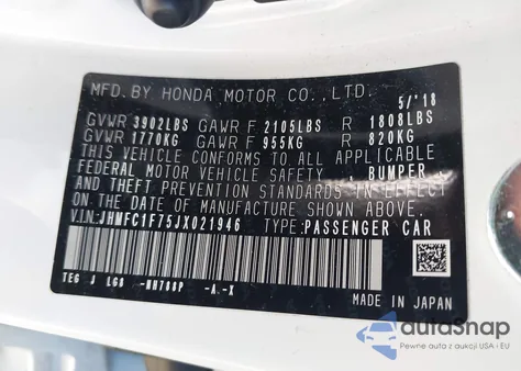 2018 Honda Civic Ex-L из США, поврежденный, VIN JHMFC1F75JX021946